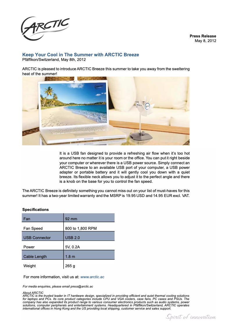 Página 1 del manual Manual de usuario Arctic Cooling USB Desktop Fan