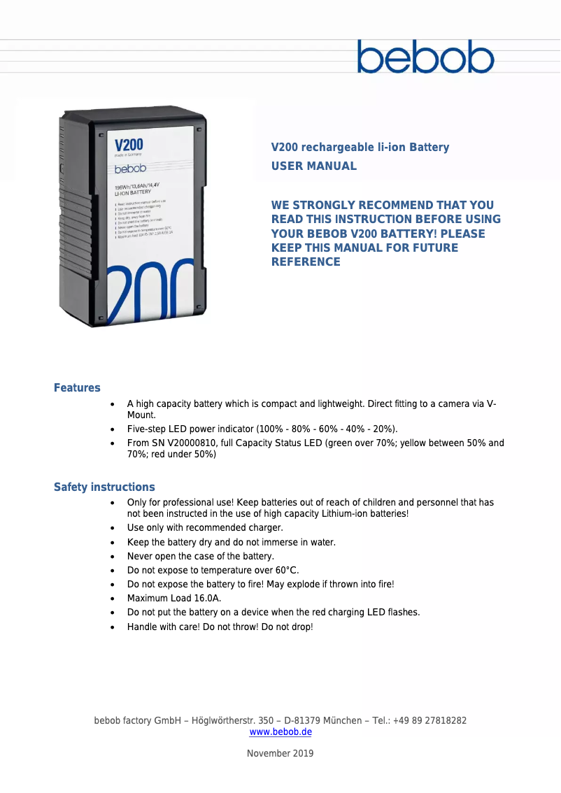 Page n°1 - Manuel utilisateur Bebob V200