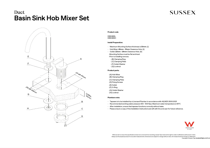 Page n°1 - Manuel utilisateur Sussex DBSHMSH