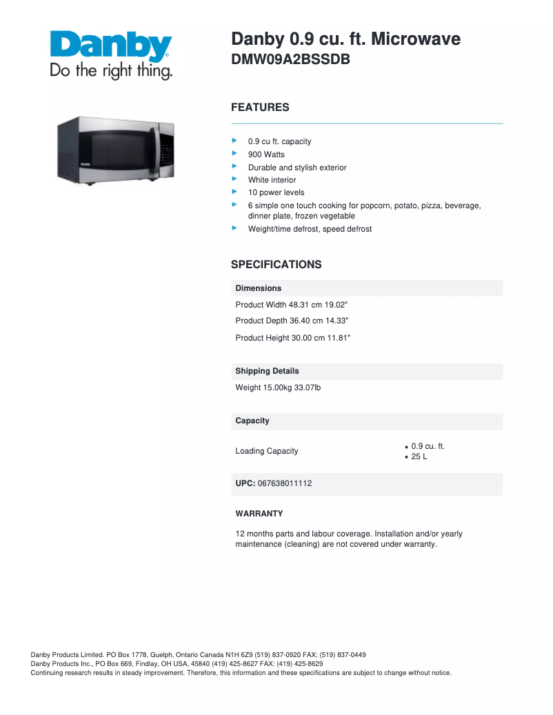 Page 1 de la notice Fiche technique Danby DMW09A2BSSDB