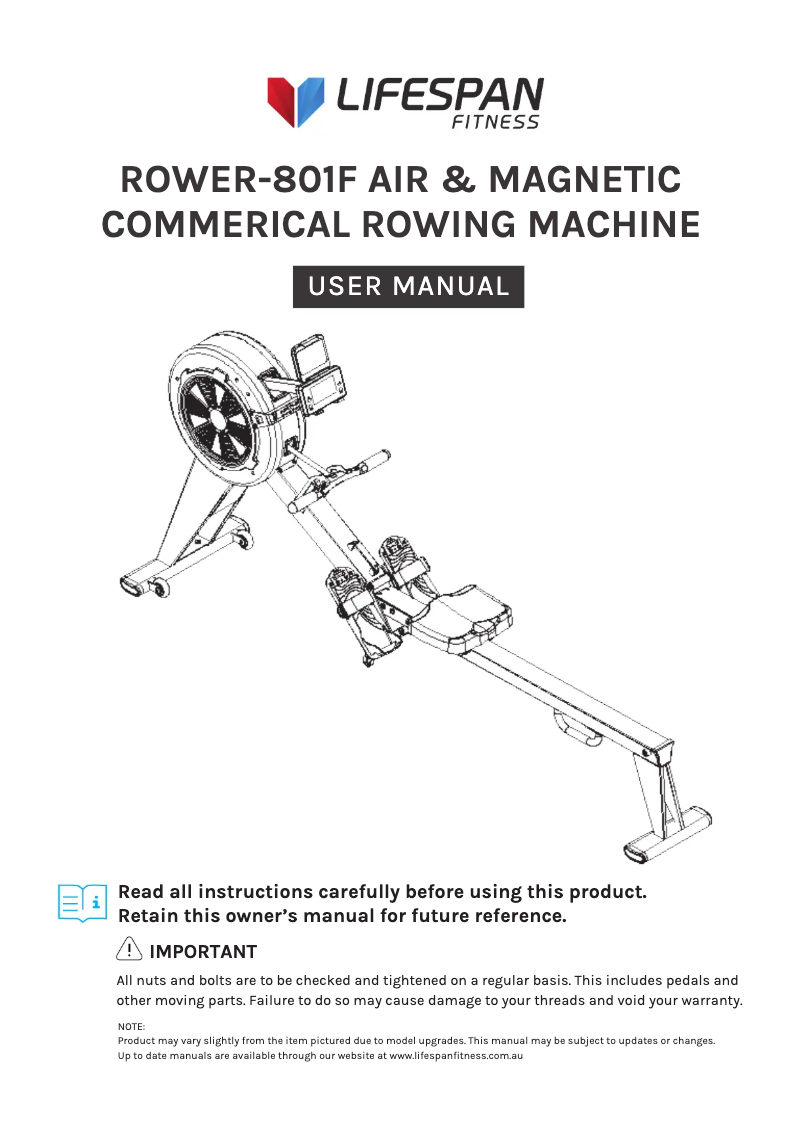 Page 1 de la notice Manuel utilisateur LifeSpan ROWER-801F