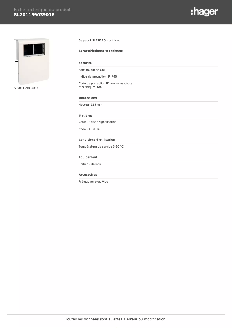Page 1 de la notice Fiche technique Hager SL201159039016
