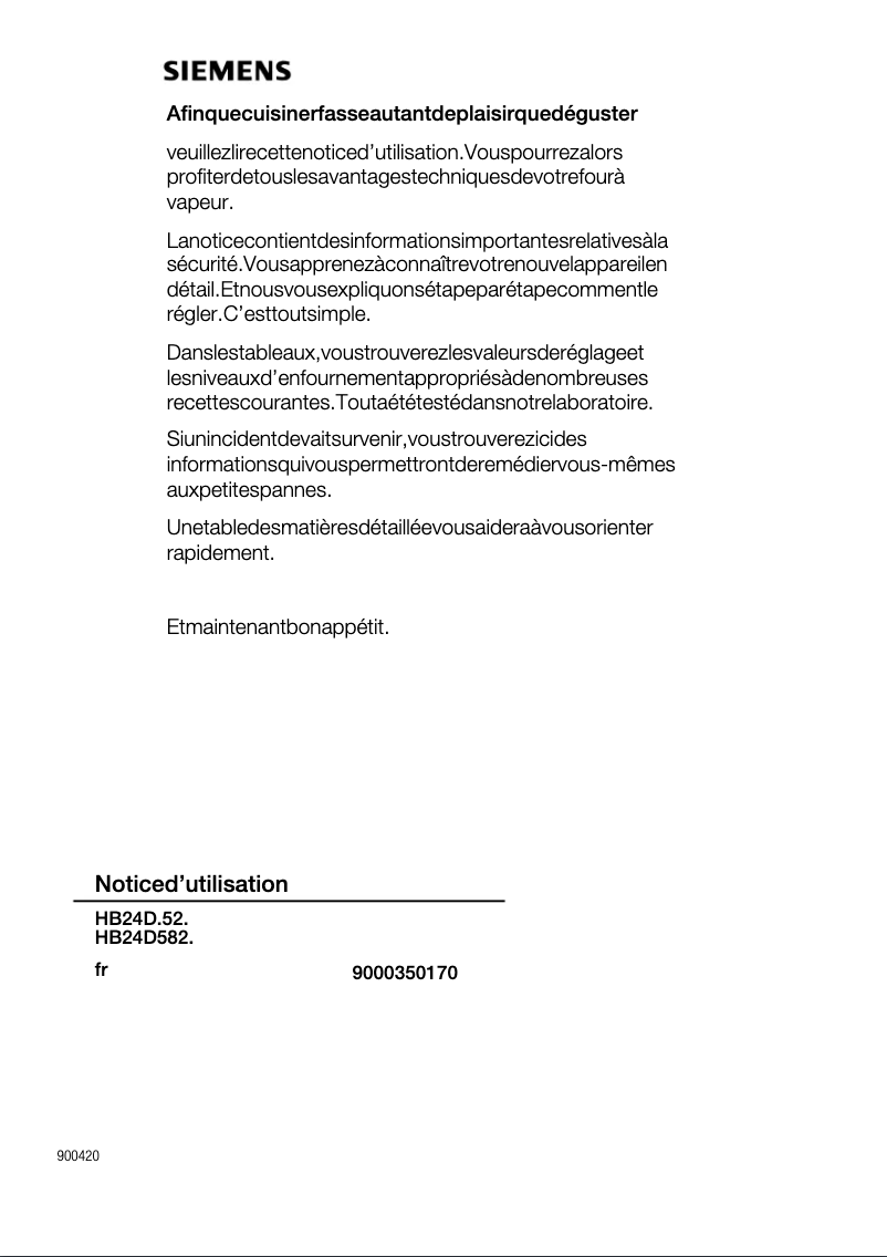 Page n°1 - Manuel utilisateur Siemens HB24D652B