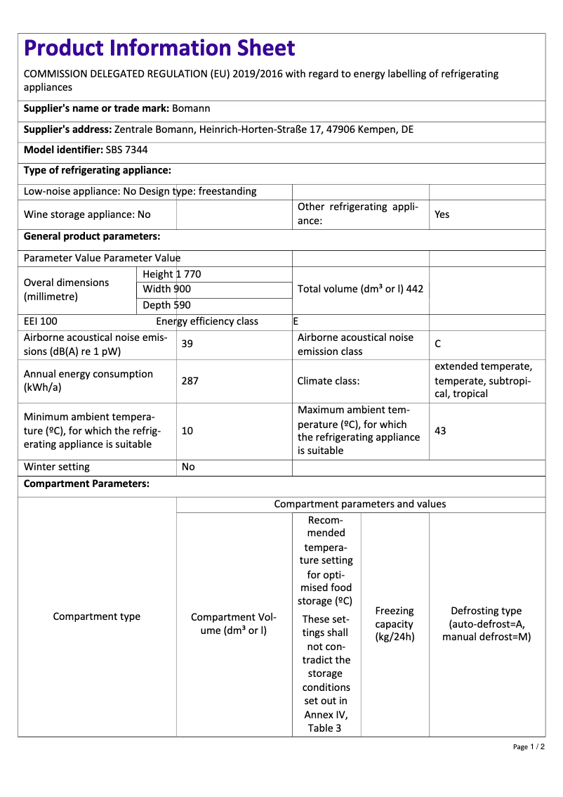 Page 1 de la notice Fiche technique Bomann SBS 7344
