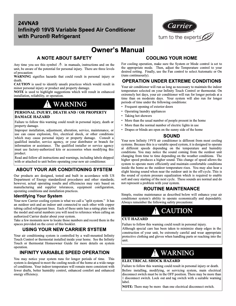 Page 1 de la notice Manuel utilisateur Carrier Infinity 24VNA9