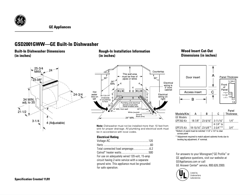 Page n°1 - Fiche technique GE GSD2001GWW