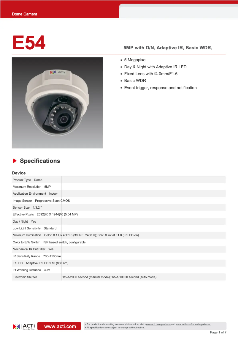 Page n°1 - Fiche technique ACTi E54