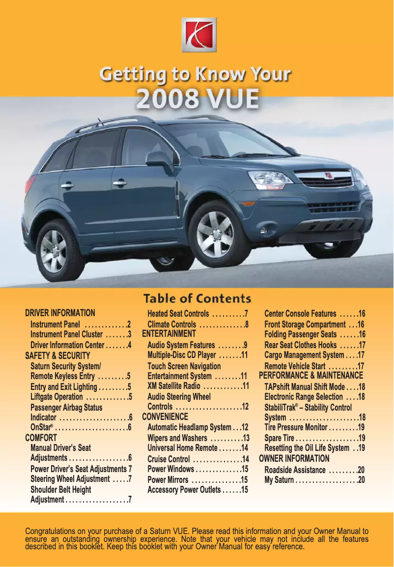 Page 1 de la notice Guide de démarrage rapide Saturn Vue (2008)