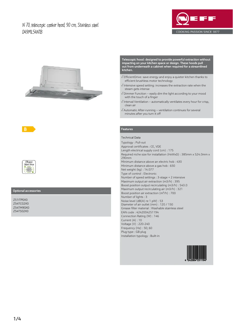 Page 1 de la notice Fiche technique Neff D49ML54N1B