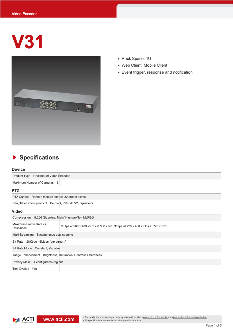 Page n°1 - Fiche technique ACTi V31
