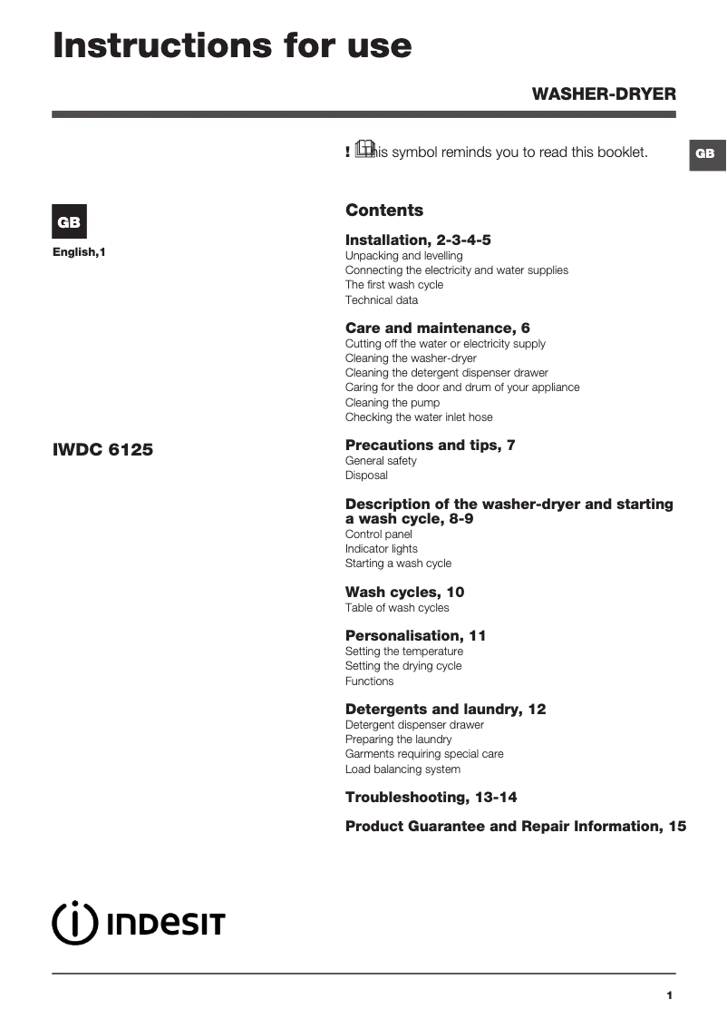 Page 1 de la notice Instructions / montage Indesit IWDC 6125 UK