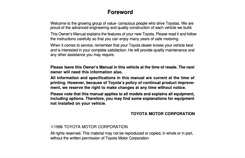 Page 1 de la notice Manuel utilisateur Toyota Corolla (1996)
