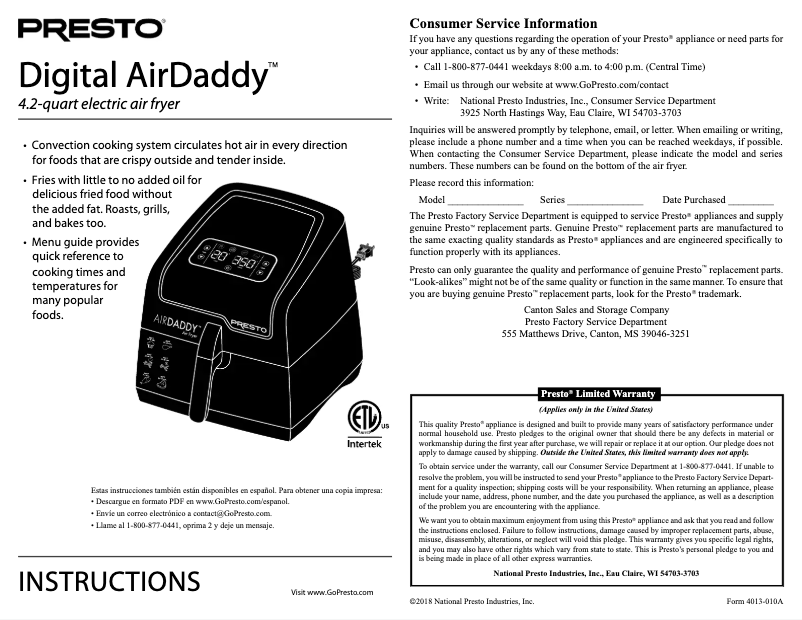 Imagen de la primera página del manual del dispositivo Digital AirDaddy 03422