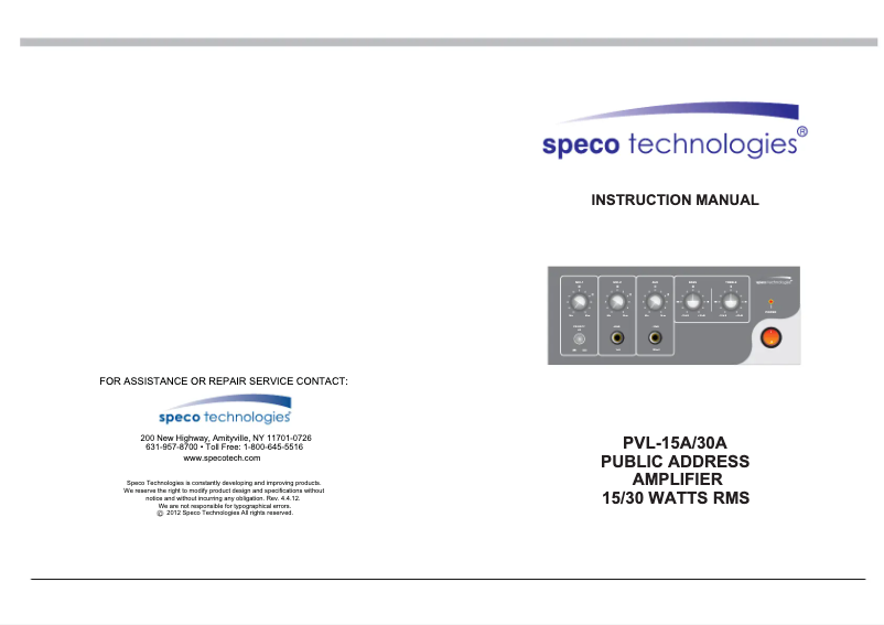 Page n°1 - Manuel utilisateur Speco Technologies PVL-30A