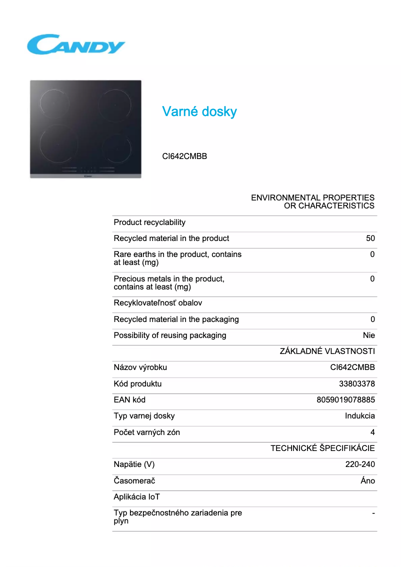 Page 1 de la notice Fiche technique Candy CI642CMBB