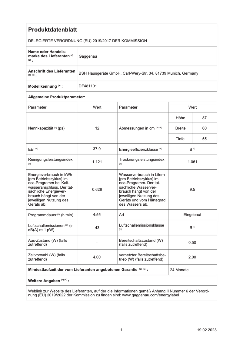 Page 1 de la notice Fiche technique Gaggenau DF481101