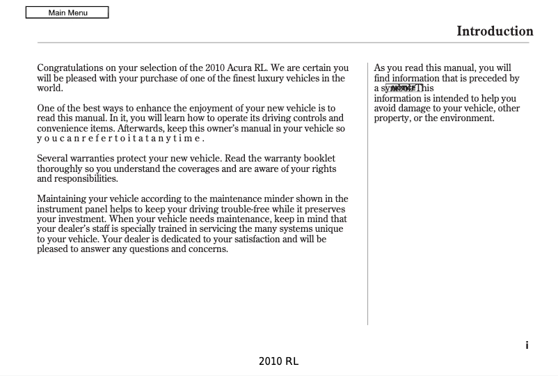 Page 1 de la notice Manuel utilisateur Acura RL (2010)