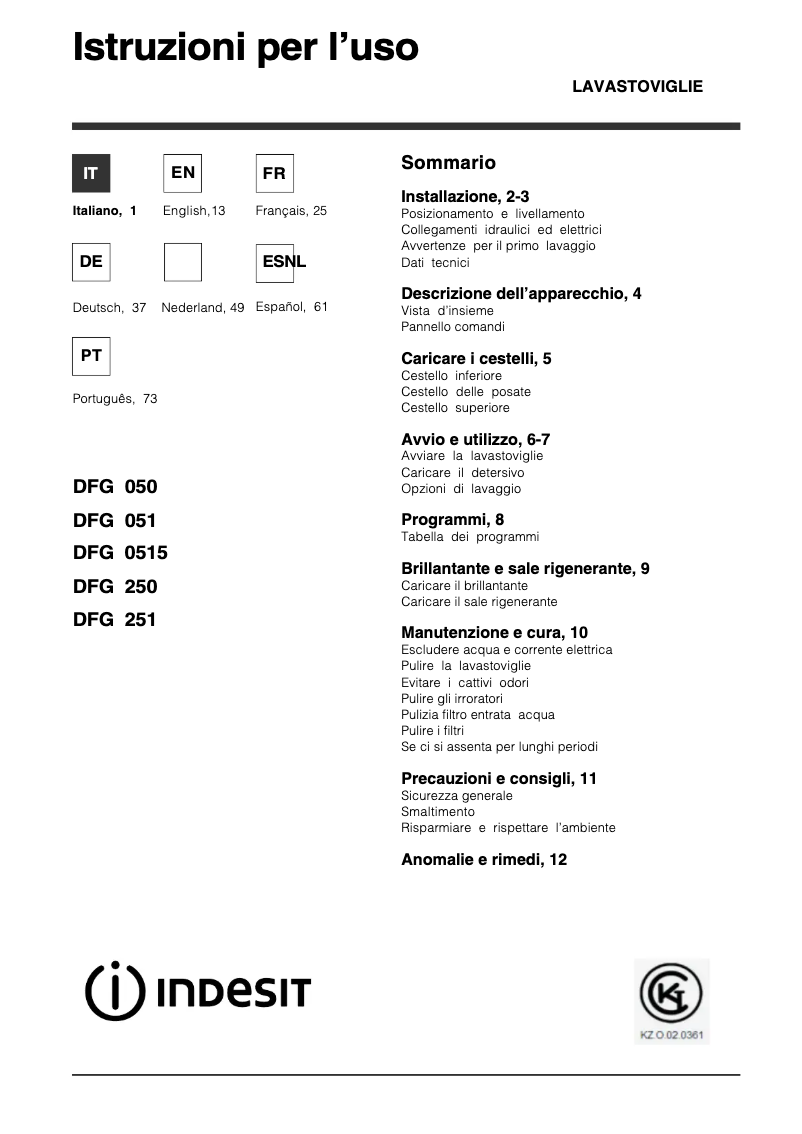 Page n°1 - Manuel utilisateur Indesit DFG 051 S EU