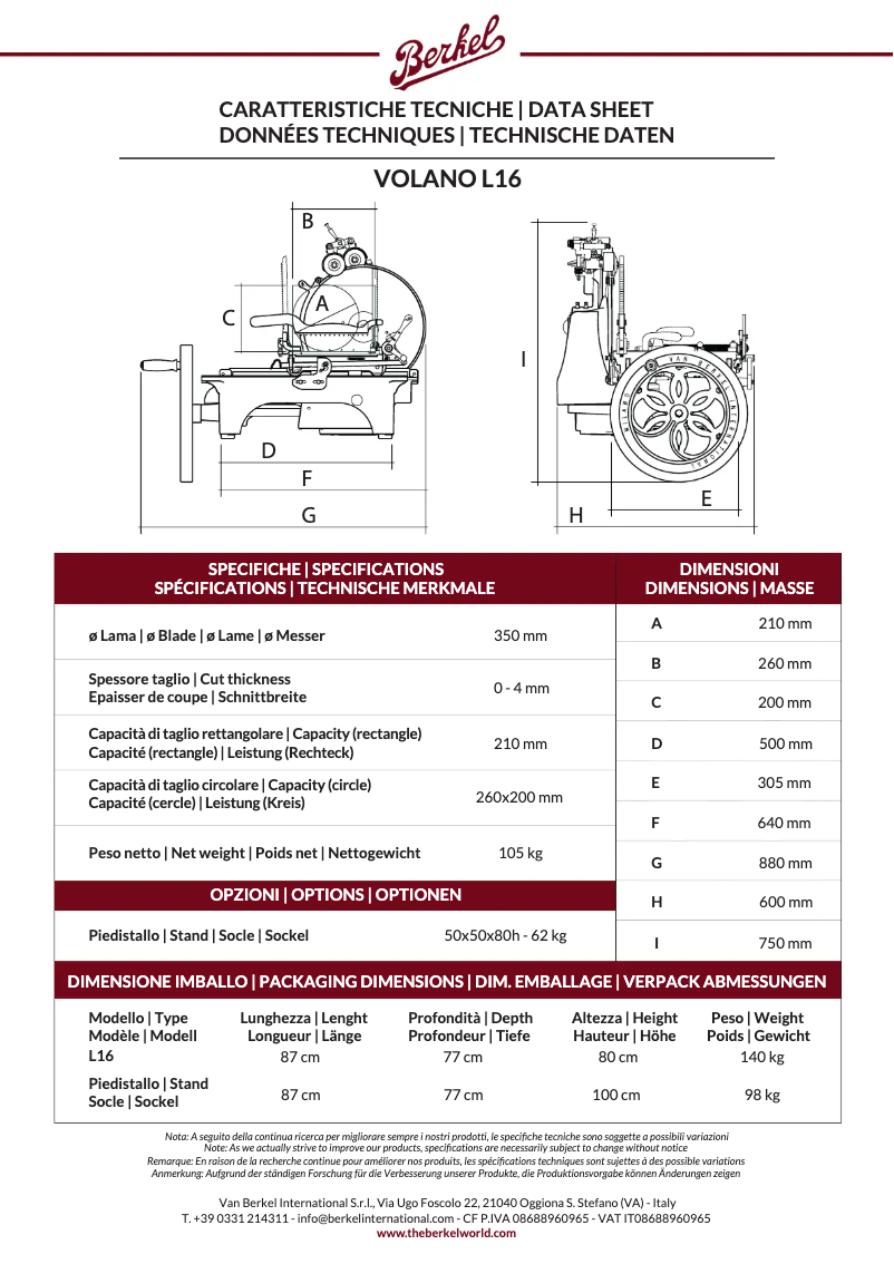 Page 1 de la notice Fiche technique Berkel Volano L16