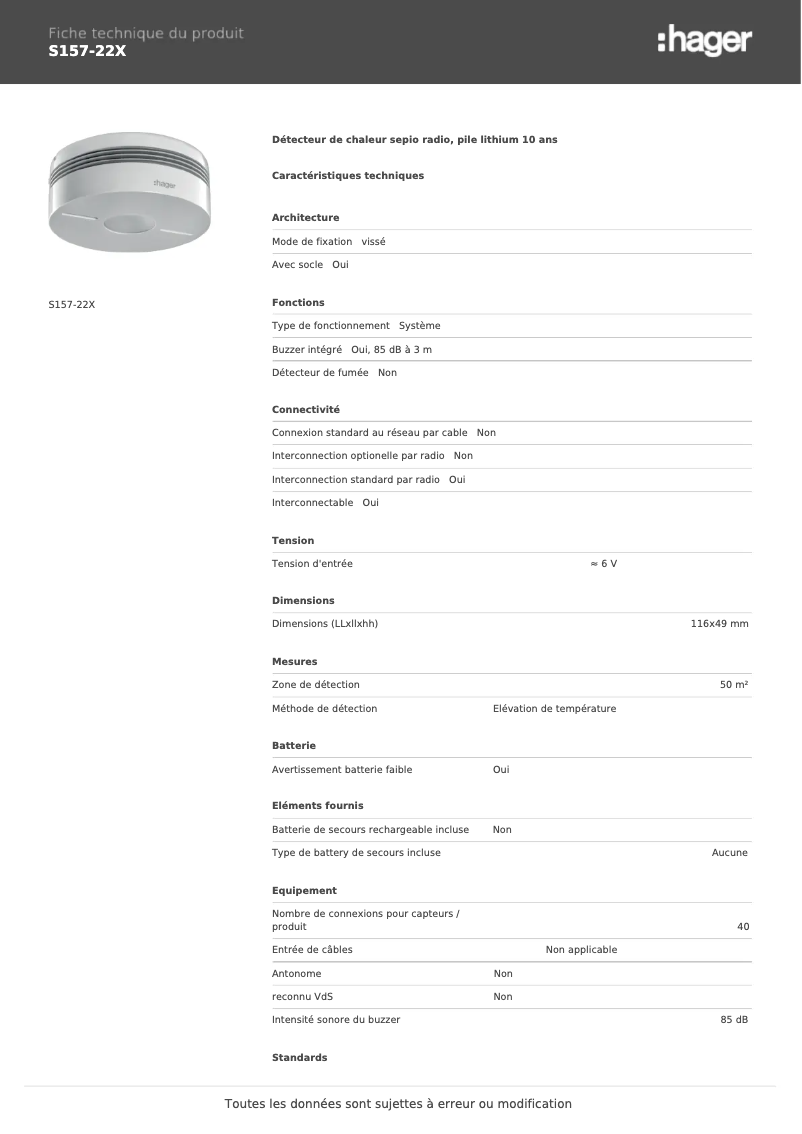 Page 1 de la notice Fiche technique Hager S157-22X