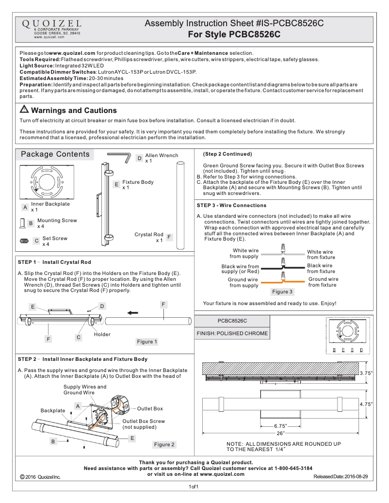 Page 1 de la notice Manuel utilisateur Quoizel PCBC8526C