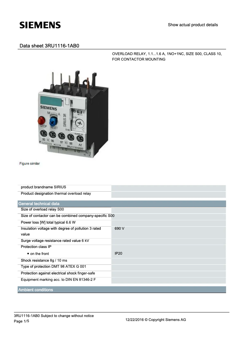 Page n°1 - Fiche technique Siemens 3RU1116-1AB0