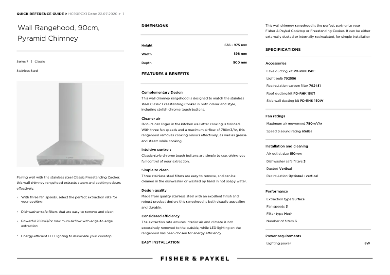 Page n°1 - Fiche technique Fisher & Paykel HC90PCX1