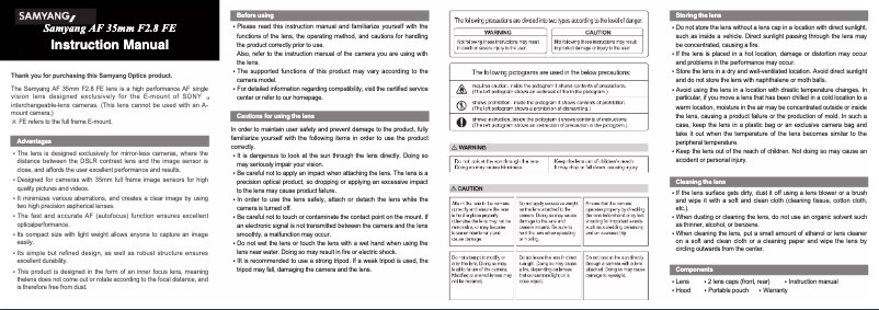 Page 1 de la notice Manuel utilisateur Samyang 35mm F2.8 AF Sony FE