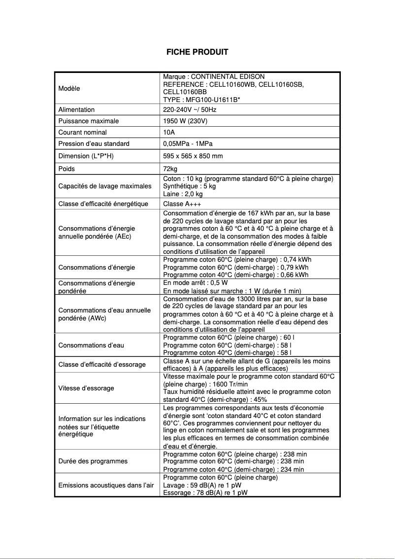 Page n°1 - Label énergétique Continental Edison CELL10160WB