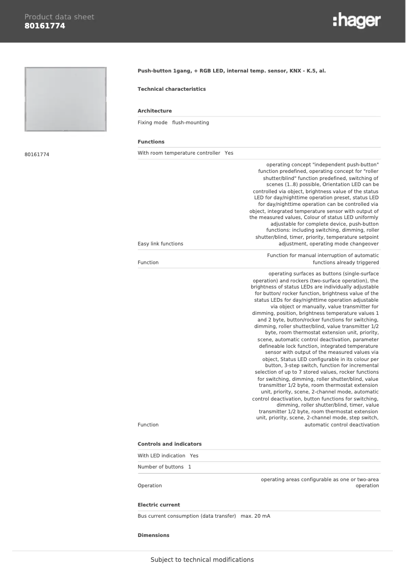 Page 1 de la notice Fiche technique Berker 80161774