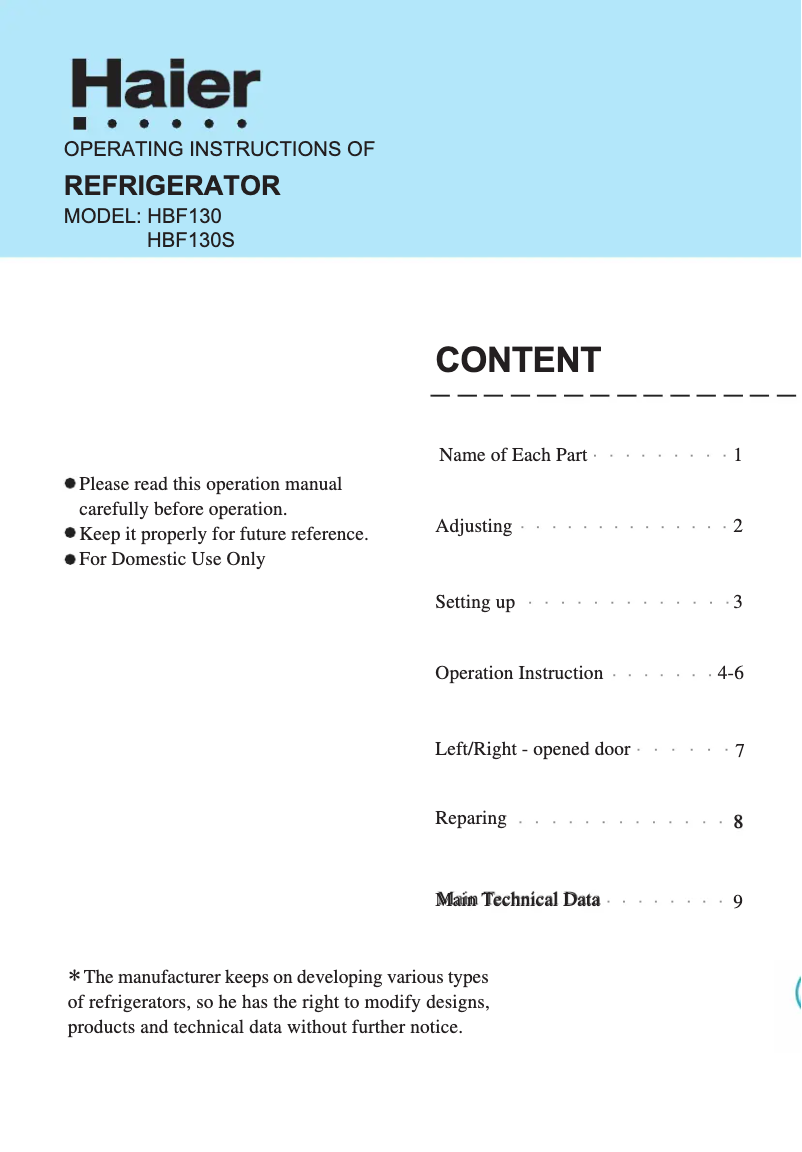 Page 1 de la notice Manuel utilisateur Haier HBF130