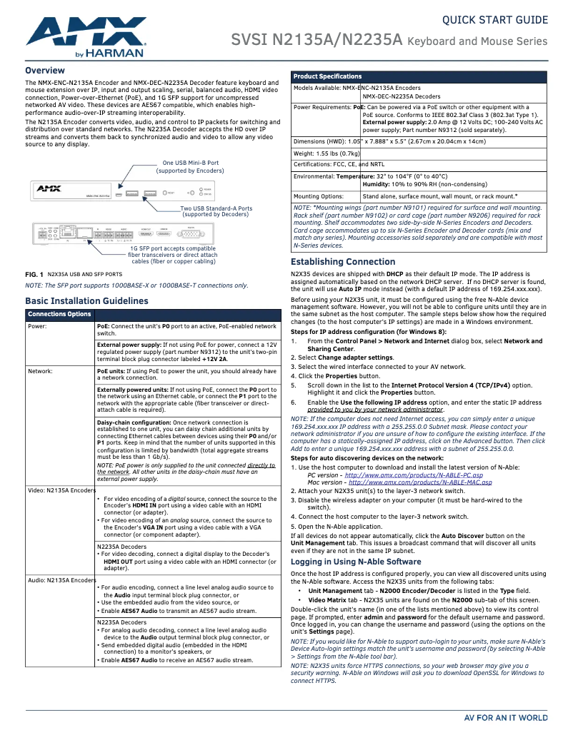 Page 1 de la notice Manuel utilisateur AMX NMX-ENC-N2135A