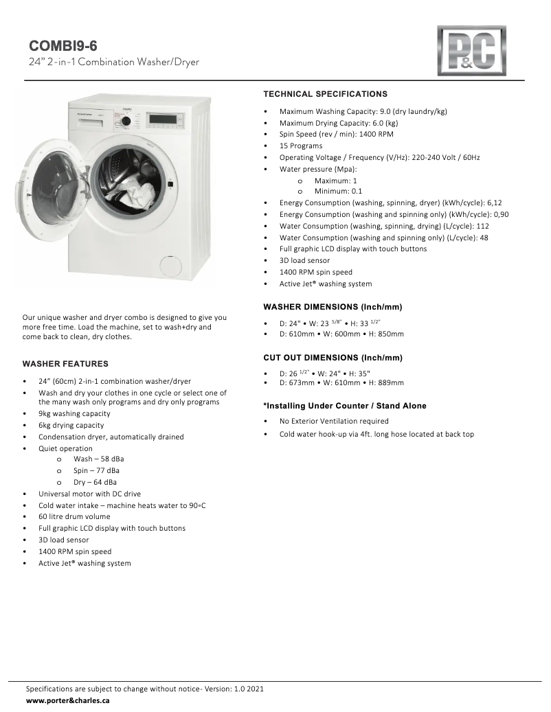 Page 1 de la notice Fiche technique Porter & Charles COMBI9‐6