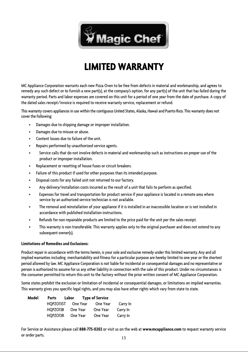 Página 1 del manual Información de garantía Magic Chef HQPZO13B