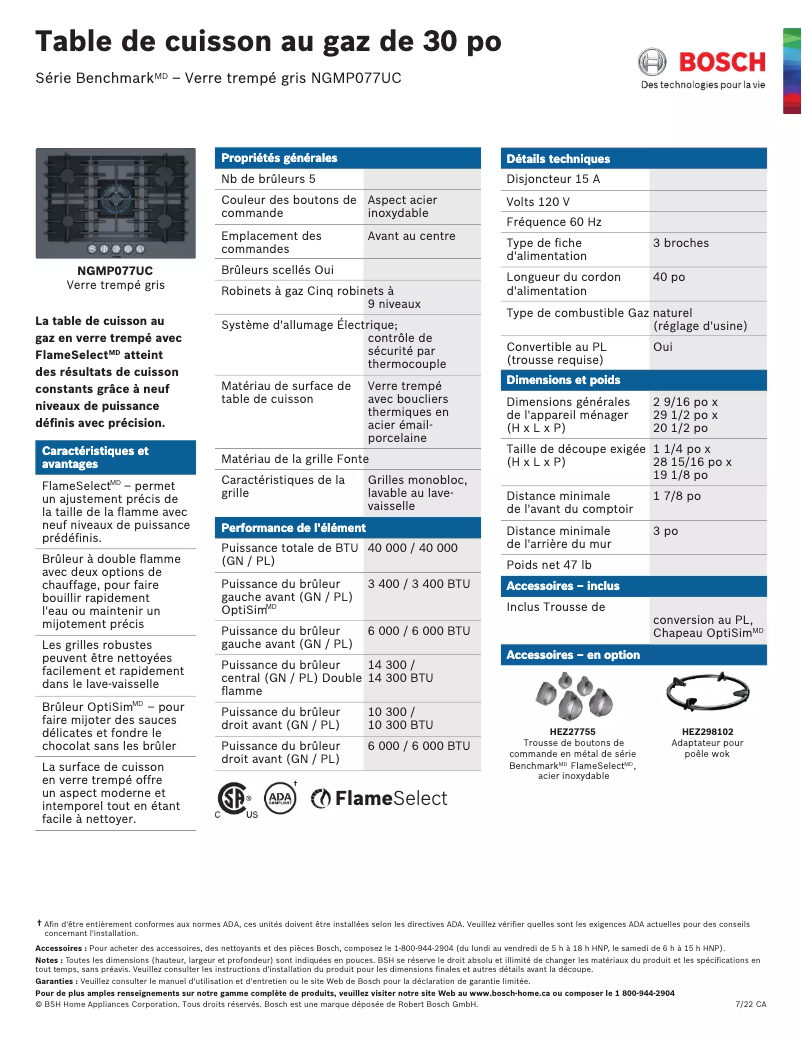 Page 1 de la notice Fiche technique Bosch NGMP077UC