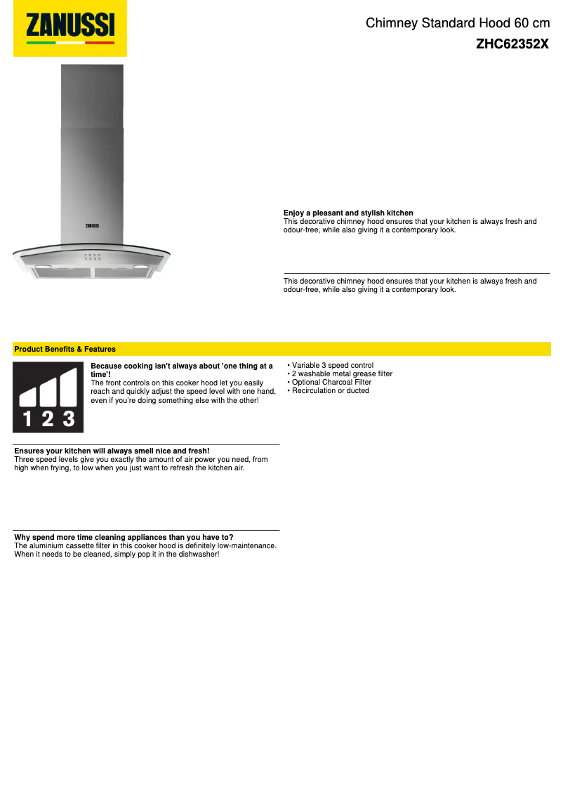 Page 1 de la notice Fiche technique Zanussi ZHC62352X