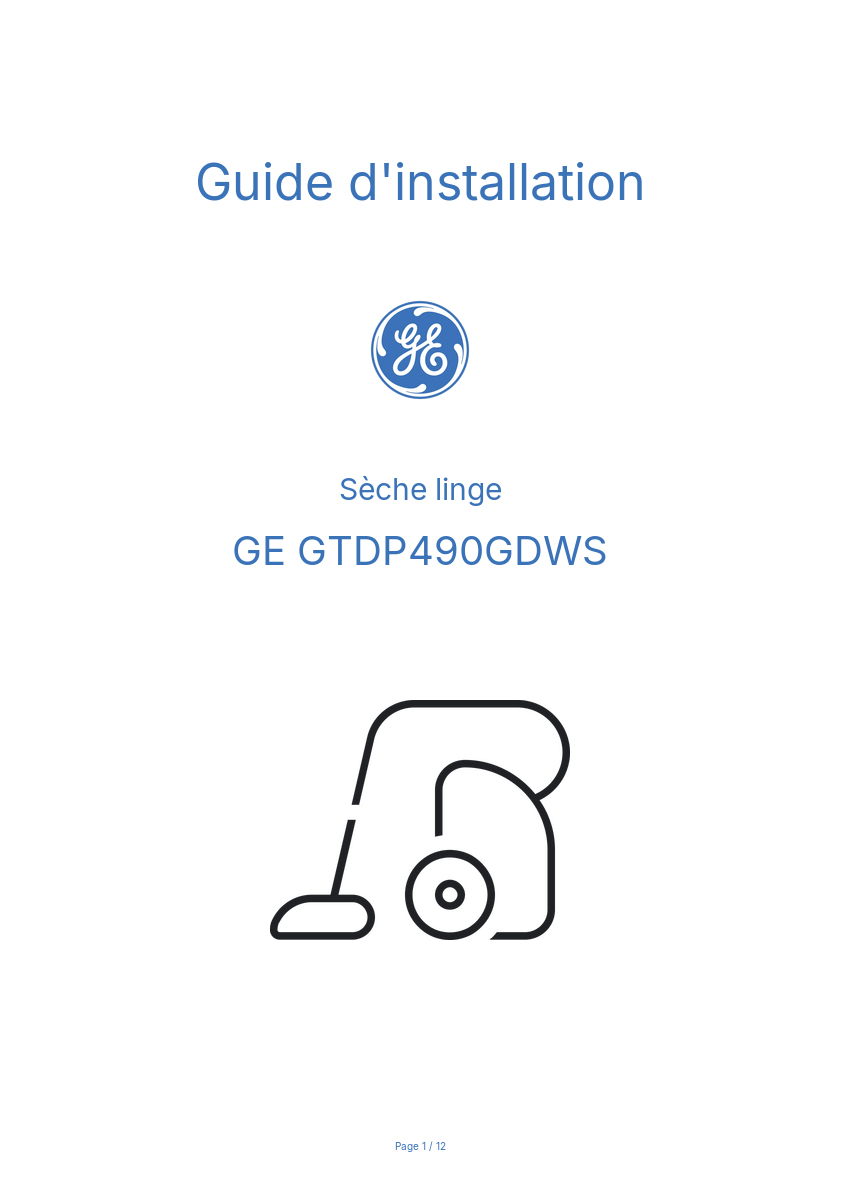 Page n°1 - Guide d'installation GE GTDP490GDWS