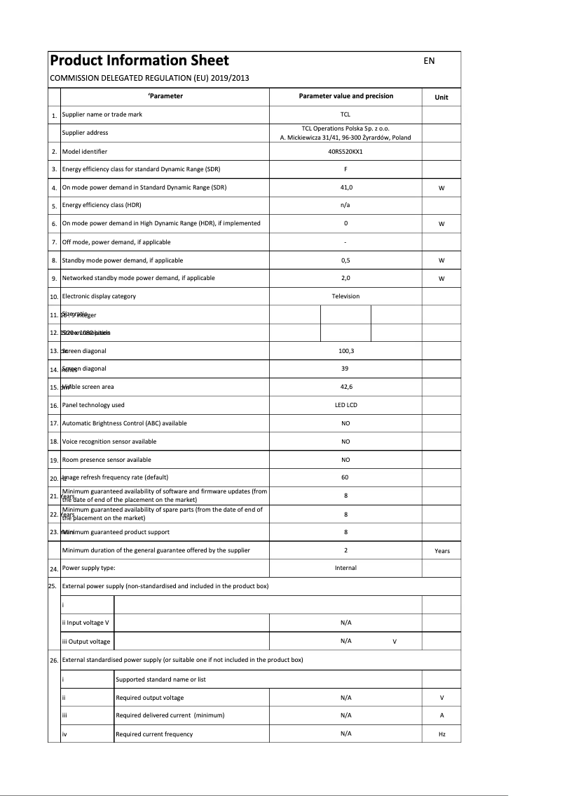 Page 1 de la notice Manuel utilisateur TCL 40RS520K