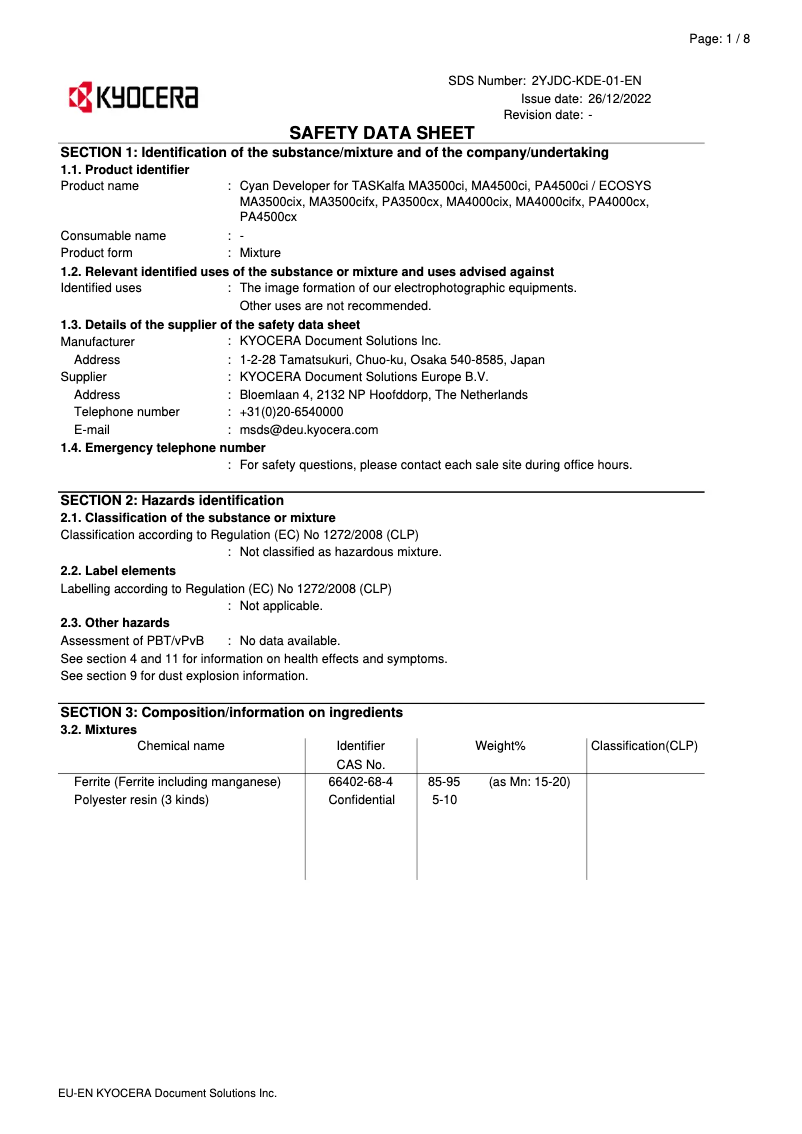 Page 1 de la notice Instructions de sécurité Kyocera ECOSYS PA3500cx