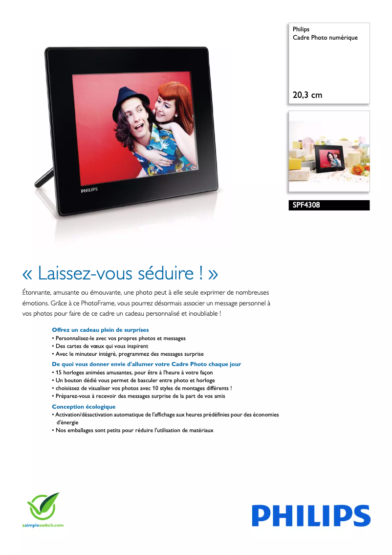 Page 1 de la notice Fiche technique Philips SPF4308