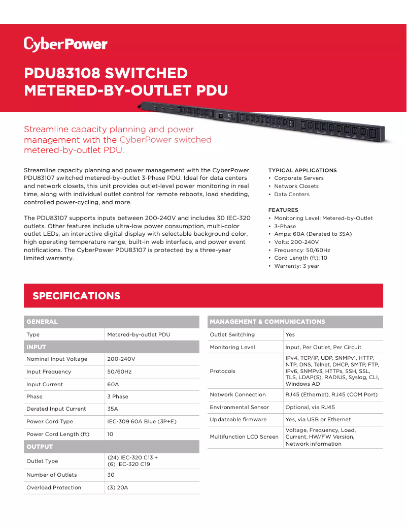 Page n°1 - Fiche technique CyberPower PDU83108