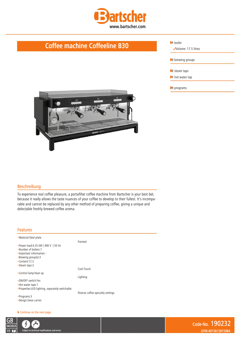 Page 1 de la notice Fiche technique Bartscher B30