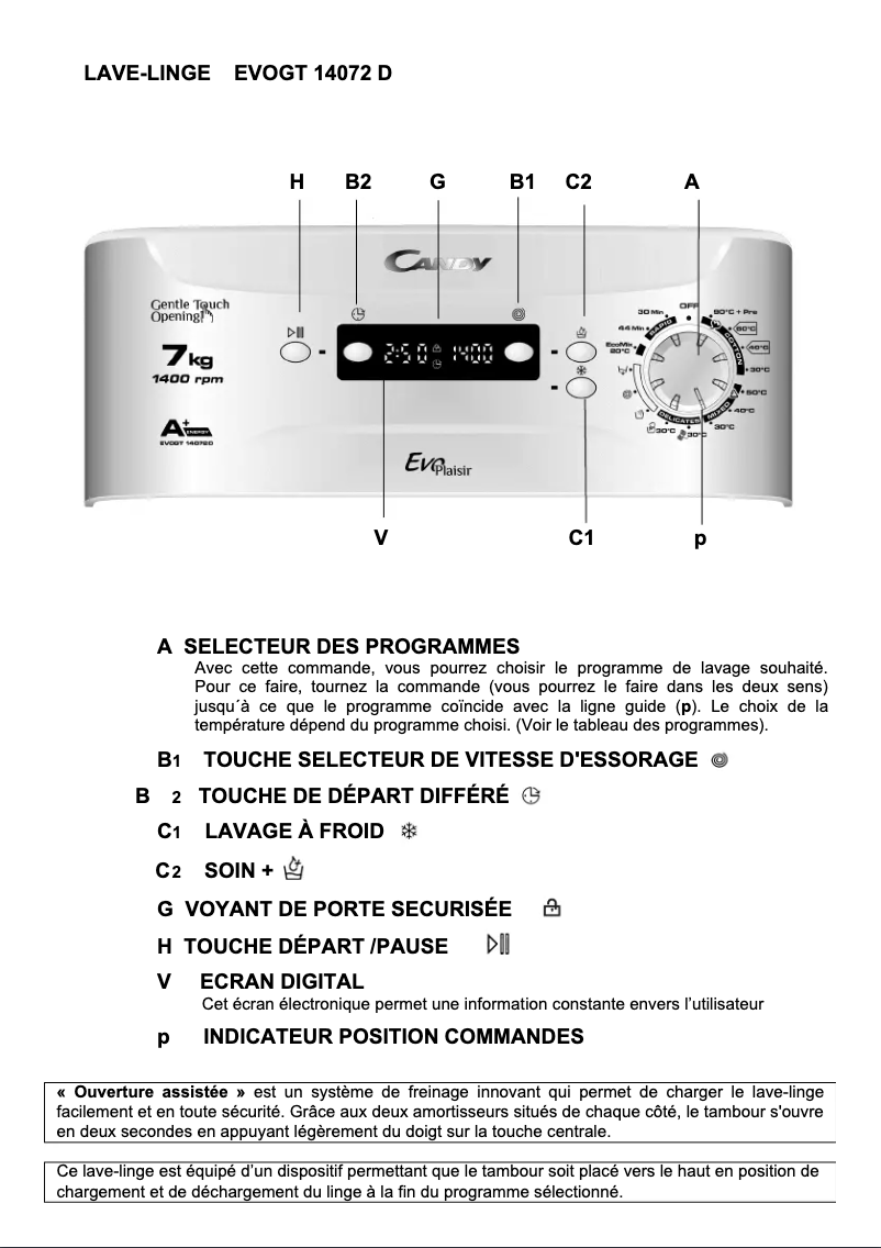 Page 1 de la notice Manuel utilisateur Candy EVOGT 14072D-S