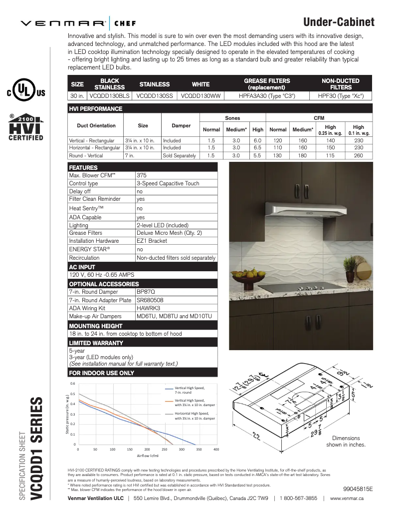 Page 1 de la notice Fiche technique Venmar Chef VCQDD130BLS