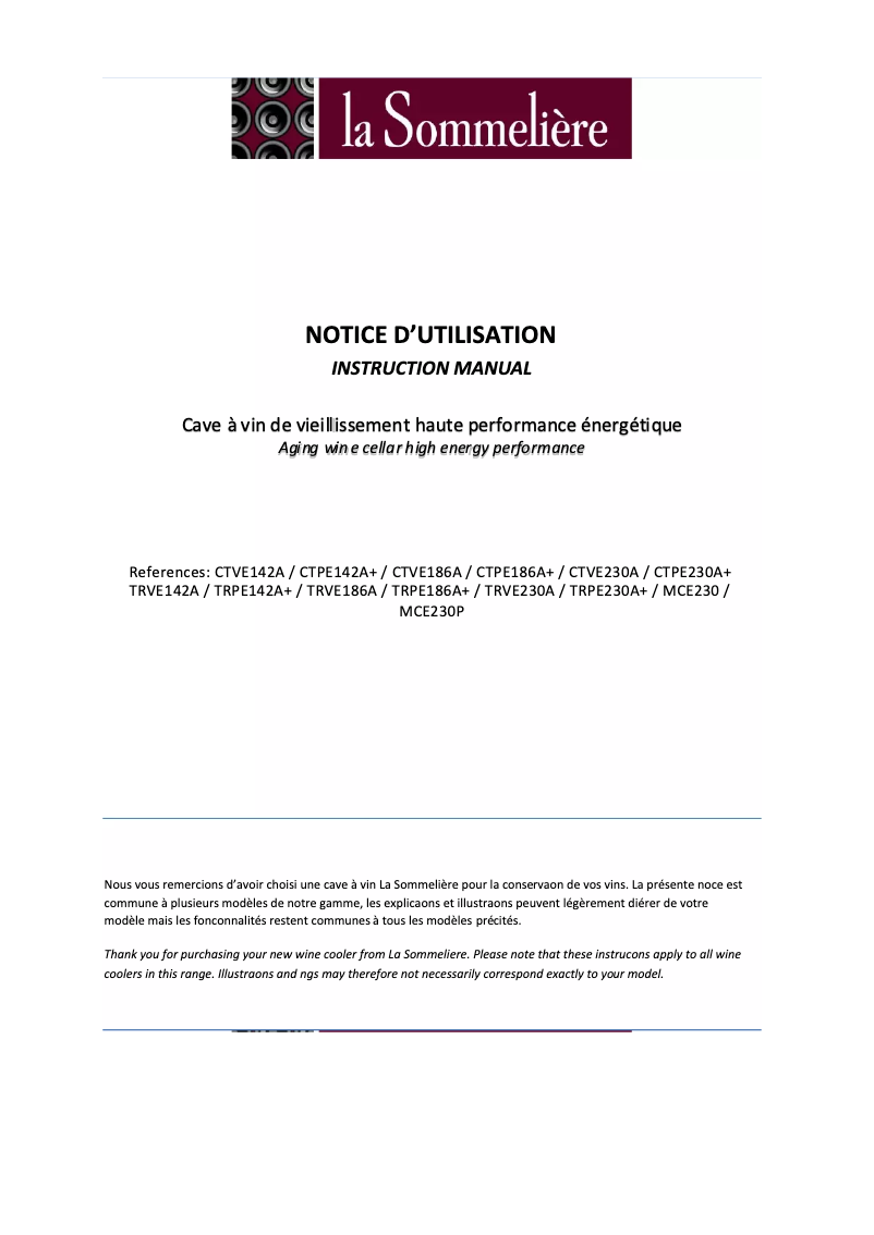 Page 1 de la notice Manuel utilisateur La Sommelière MCE230P