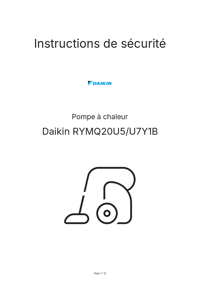 Page n°1 - Instructions de sécurité Daikin RYMQ20U5/U7Y1B