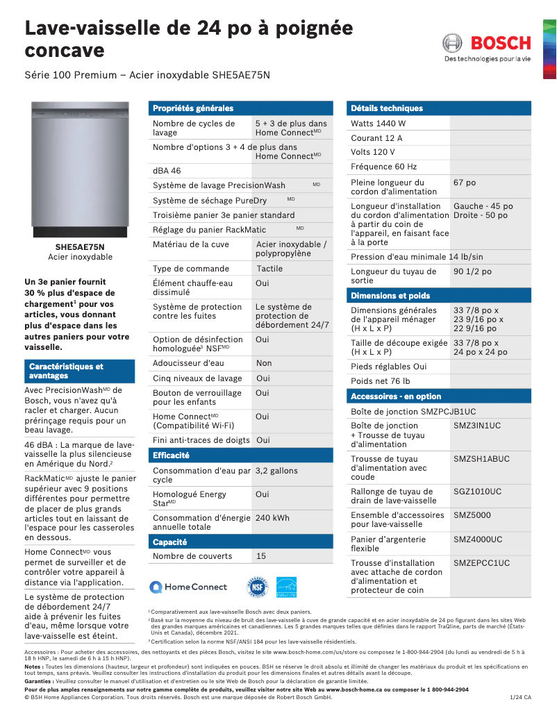 Page 1 de la notice Fiche technique Bosch SHE5AE75N