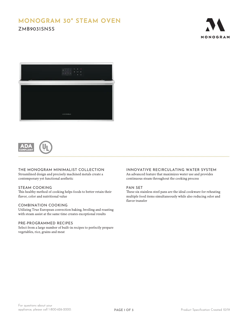 Page n°1 - Fiche technique Monogram ZMB9031SNSS