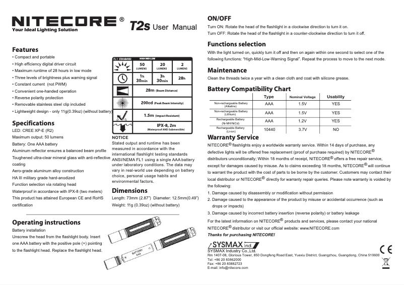 Page 1 de la notice Manuel utilisateur Nitecore T2s