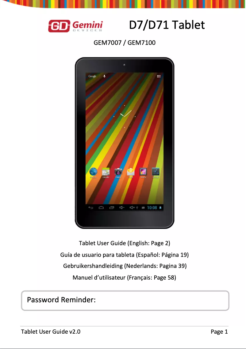 Page 1 de la notice Manuel utilisateur Gemini D71 Tablet GEM7100